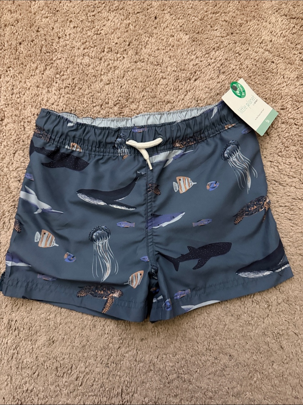 Kids Navy Blue Ocean Print Swim Trunks